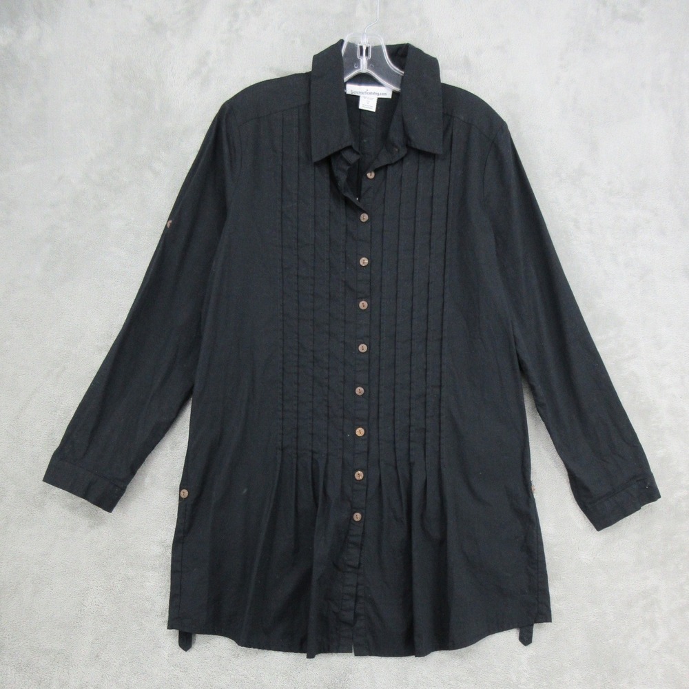 Serengeti Shirt Womens Size M Black Pintuck Button Down Tunic Roll Tab Relaxed